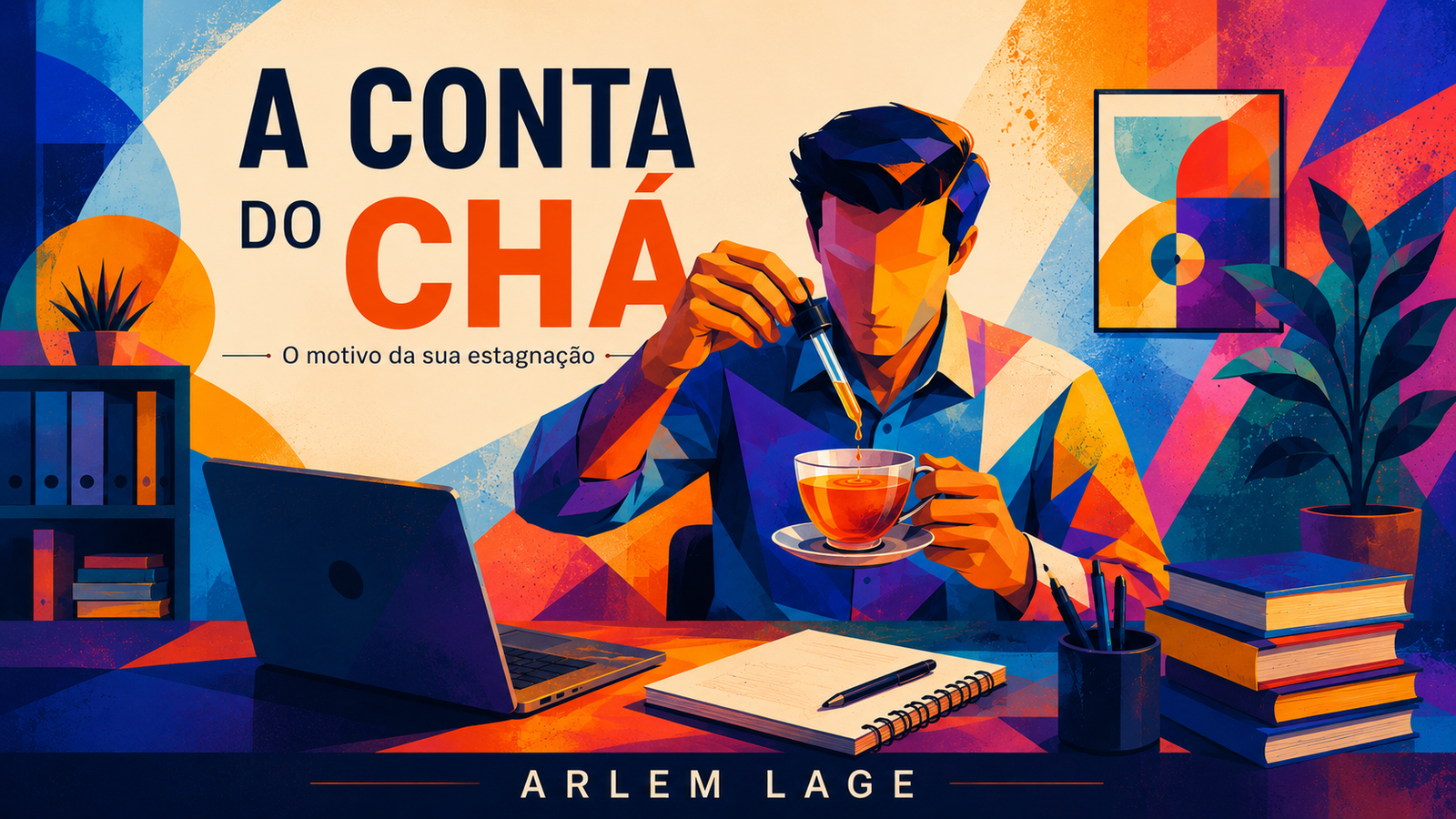 Ilustração abstrata de um homem em uma mesa colocando uma gota em uma xícara de chá